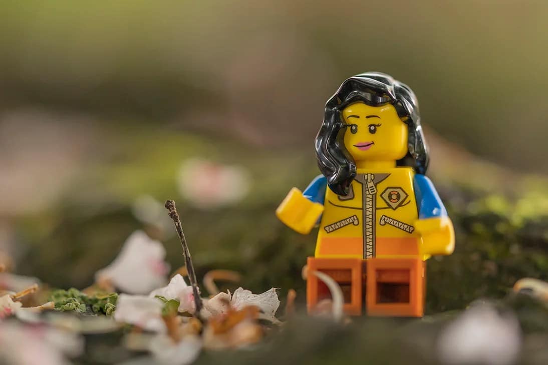An image of a female Lego character sat on some leaves